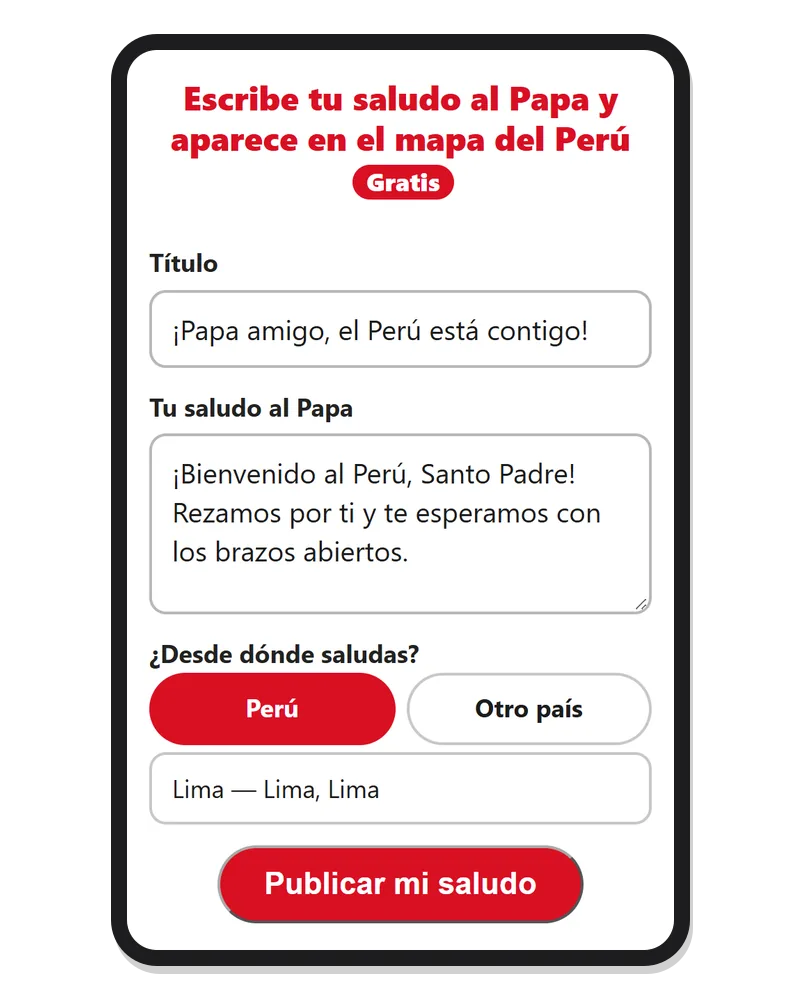Captura en un celular: el formulario con las ideas, el título, el saludo, el nombre y la ciudad