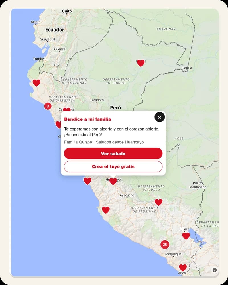 Captura en un celular: el saludo publicado, con su tarjeta y su punto en el Mapa de saludos