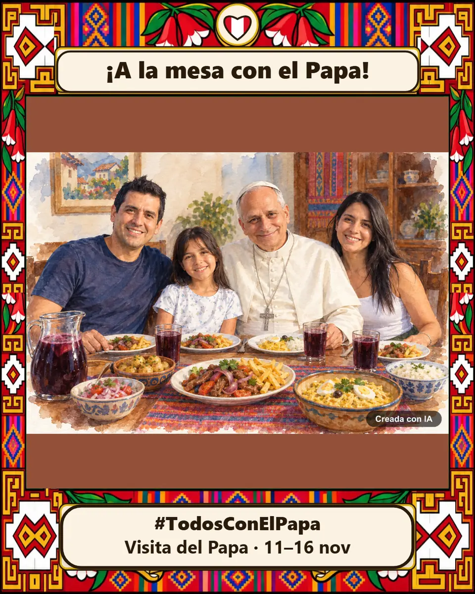 Acuarela creada con IA: una familia de tres sentada a la mesa con el Papa
