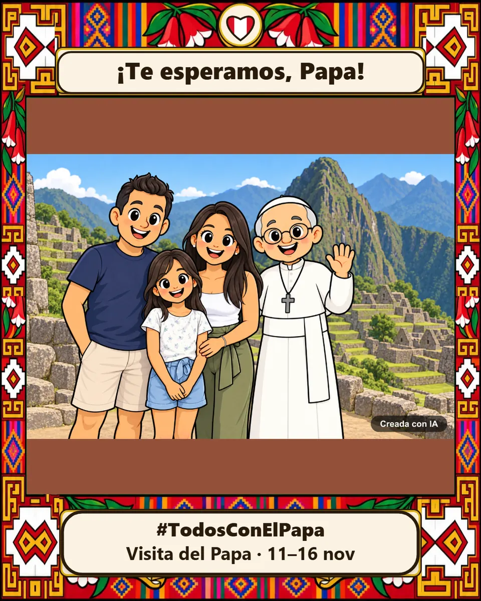 Caricatura creada con IA: una familia de tres con el Papa en dibujo, saludando, en Machu Picchu