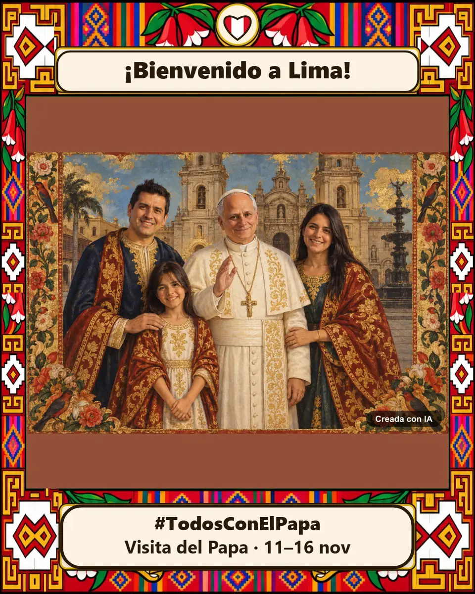 Pintura al estilo de la Escuela Cusqueña creada con IA: una familia de tres con el Papa ante la Catedral de Lima