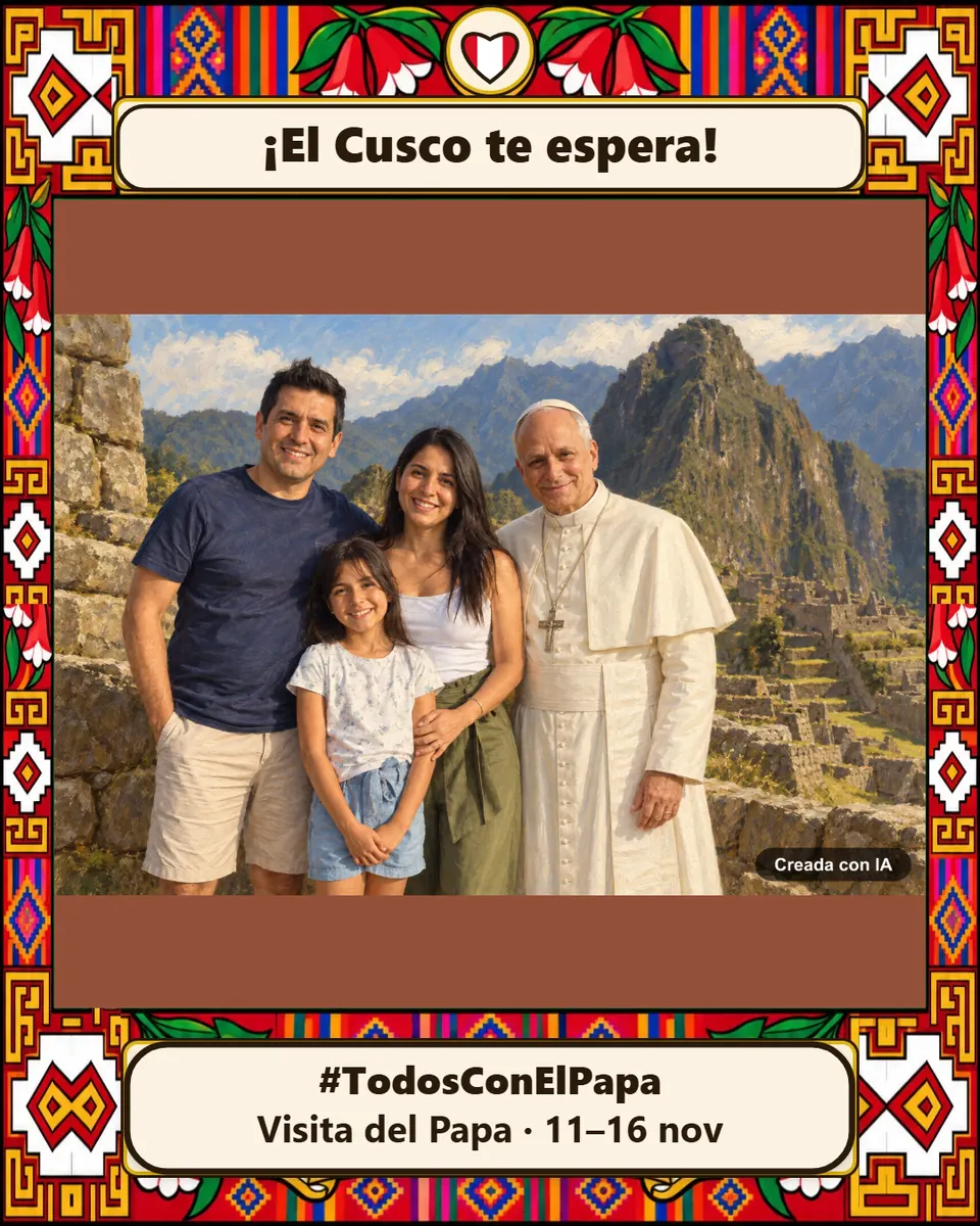 Pintura al óleo creada con IA: una familia de tres junto al Papa, con Machu Picchu al fondo