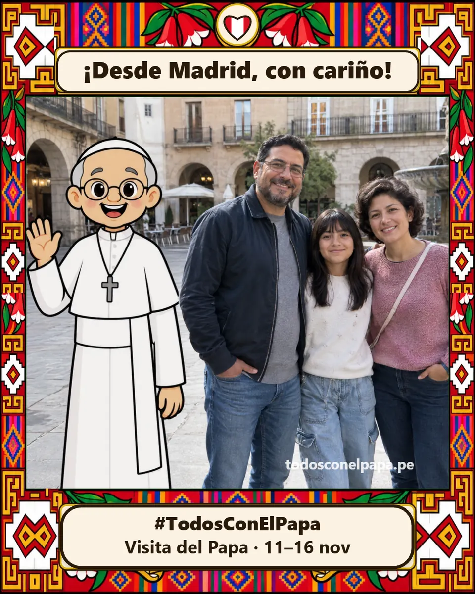 Ejemplo de saludo desde Madrid, España: una familia en su foto, con el Papa dibujado junto a ella