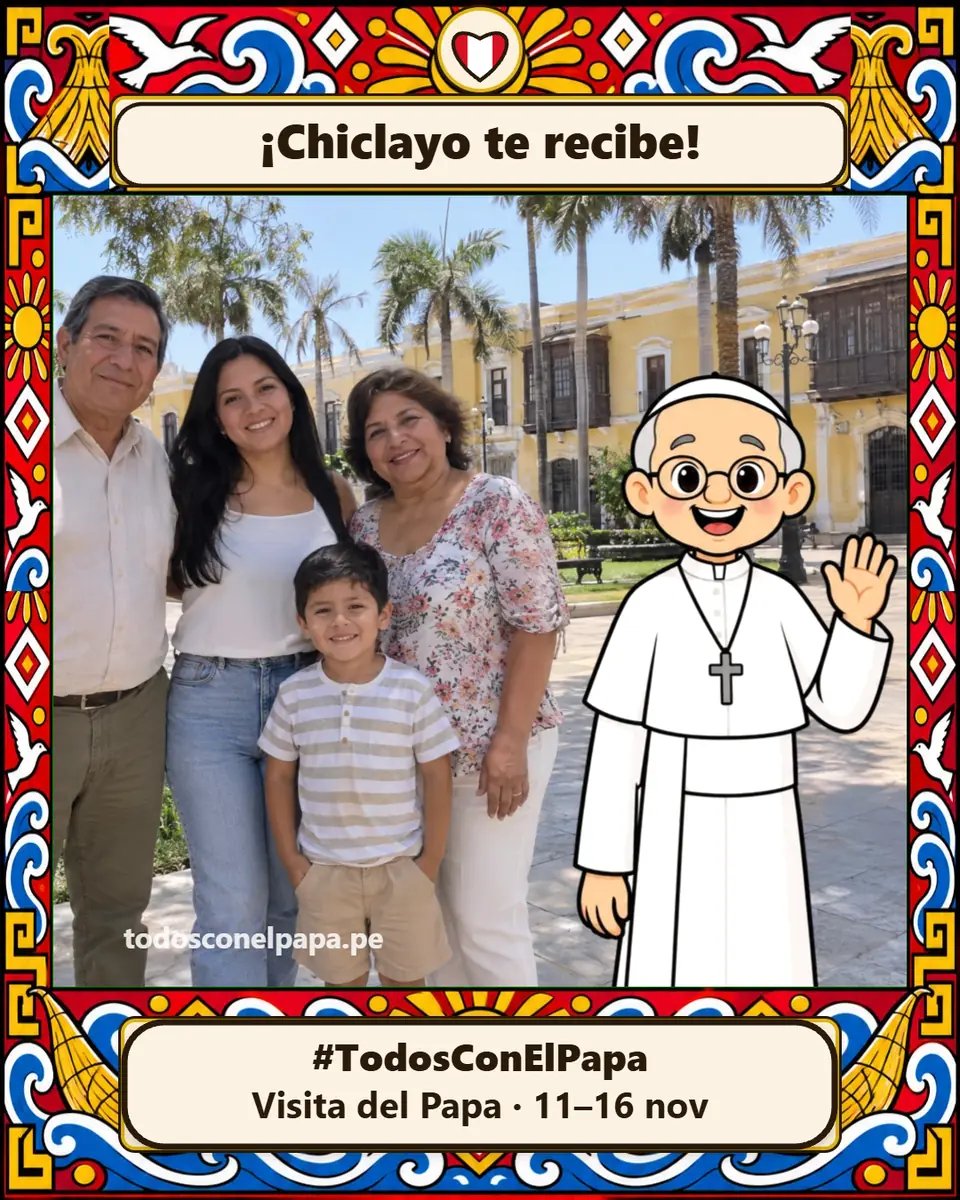 Ejemplo de saludo desde Chiclayo: una familia en su foto, con el Papa dibujado junto a ella