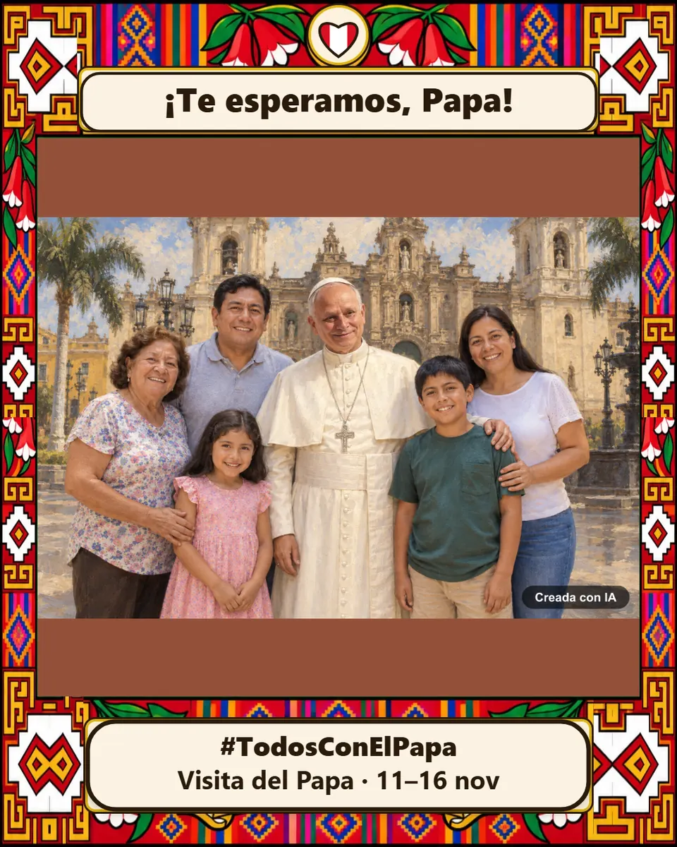 Pintura con IA: una familia ante la Catedral de Lima, con el Papa dibujado junto a ella